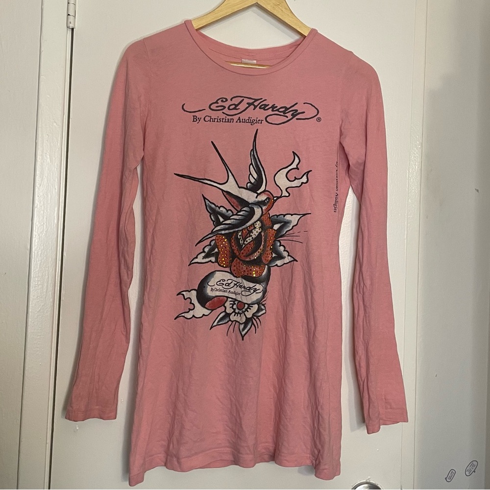 Ed Hardy Christian Audigier Pink Rhinestone Long Sleeve Shirt Size Medium